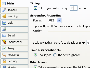 The main setting tab in IcyScreen. Click the X to close.